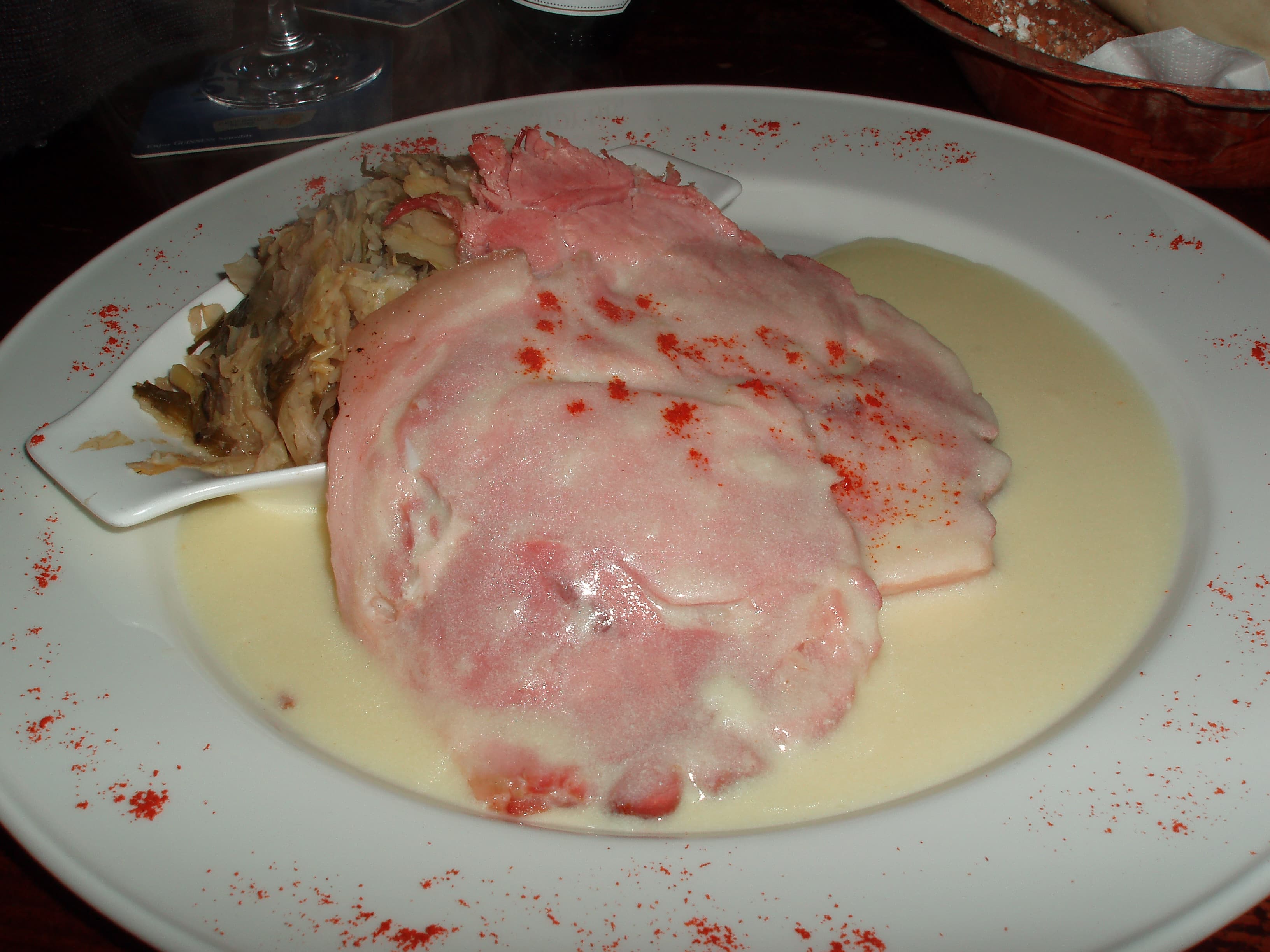 Bacon and cabbage — a irish main course dish from Ireland — featuring boiled, white-sauce-finished, smoked-or-unsmoked