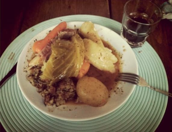 Jiggs dinner — a canadian main course dish from Canada — featuring boiled, corned beef, cabbage