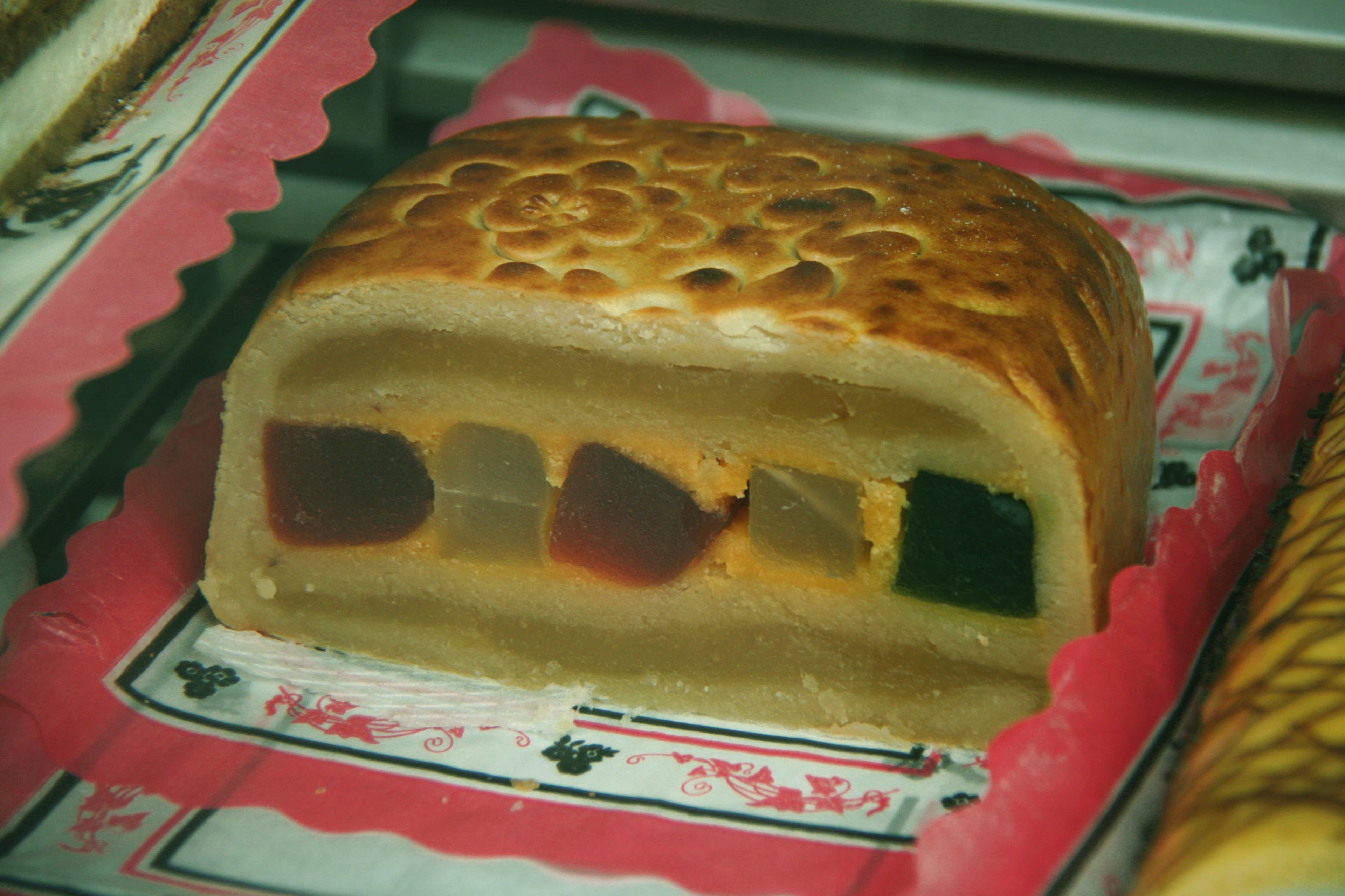 Pan de Cádiz — a spanish main course dish from Spain — featuring marzipan-forward, candied fruit, rectangular
