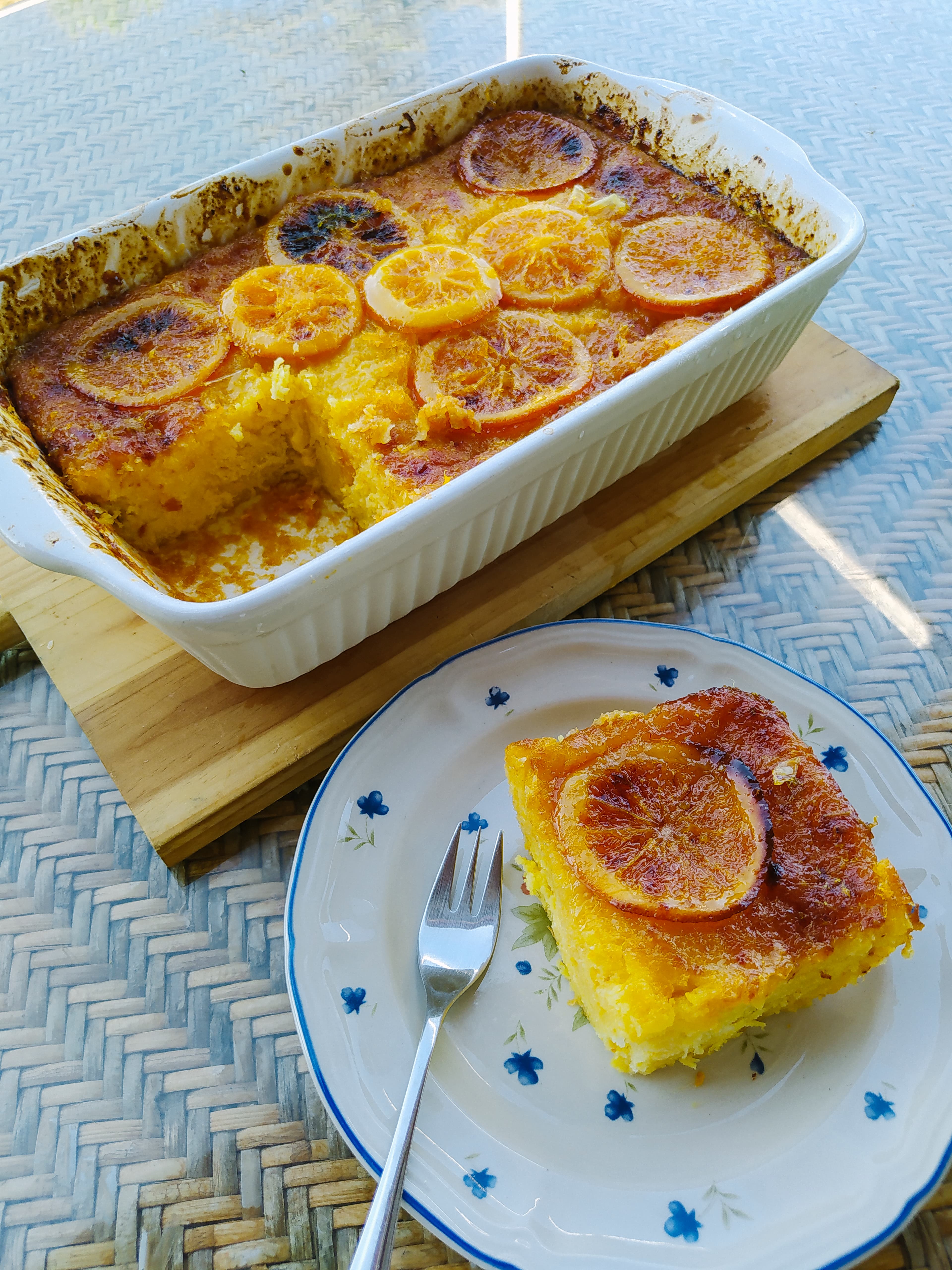 Portokalopita — a greek dessert dish from Greece — featuring phyllo shreds, syrup-soaked, citrus-forward