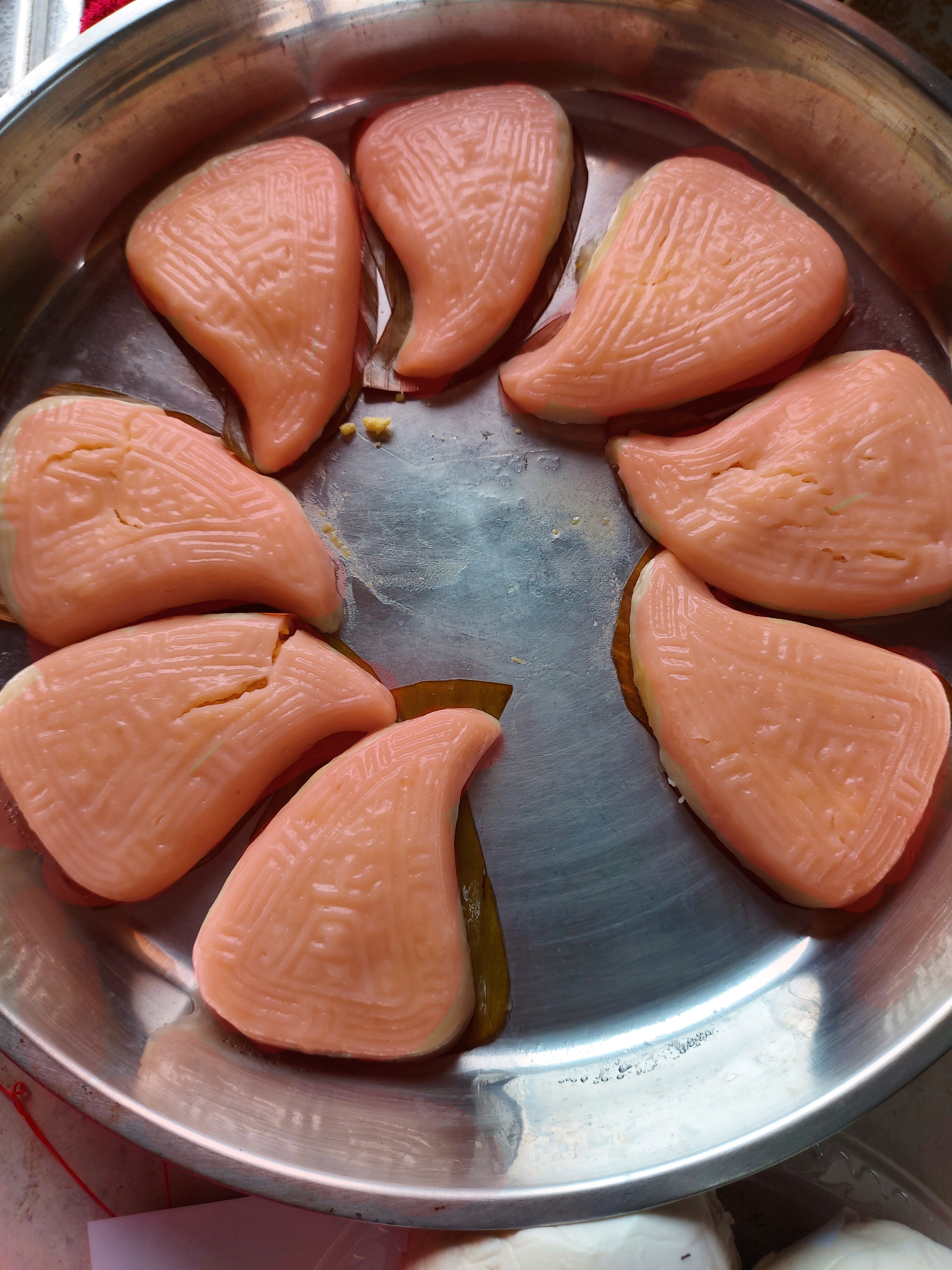 Red peach cake — a chinese main course dish from China — featuring glutinous rice skin, steamed, wooden mould-pressed