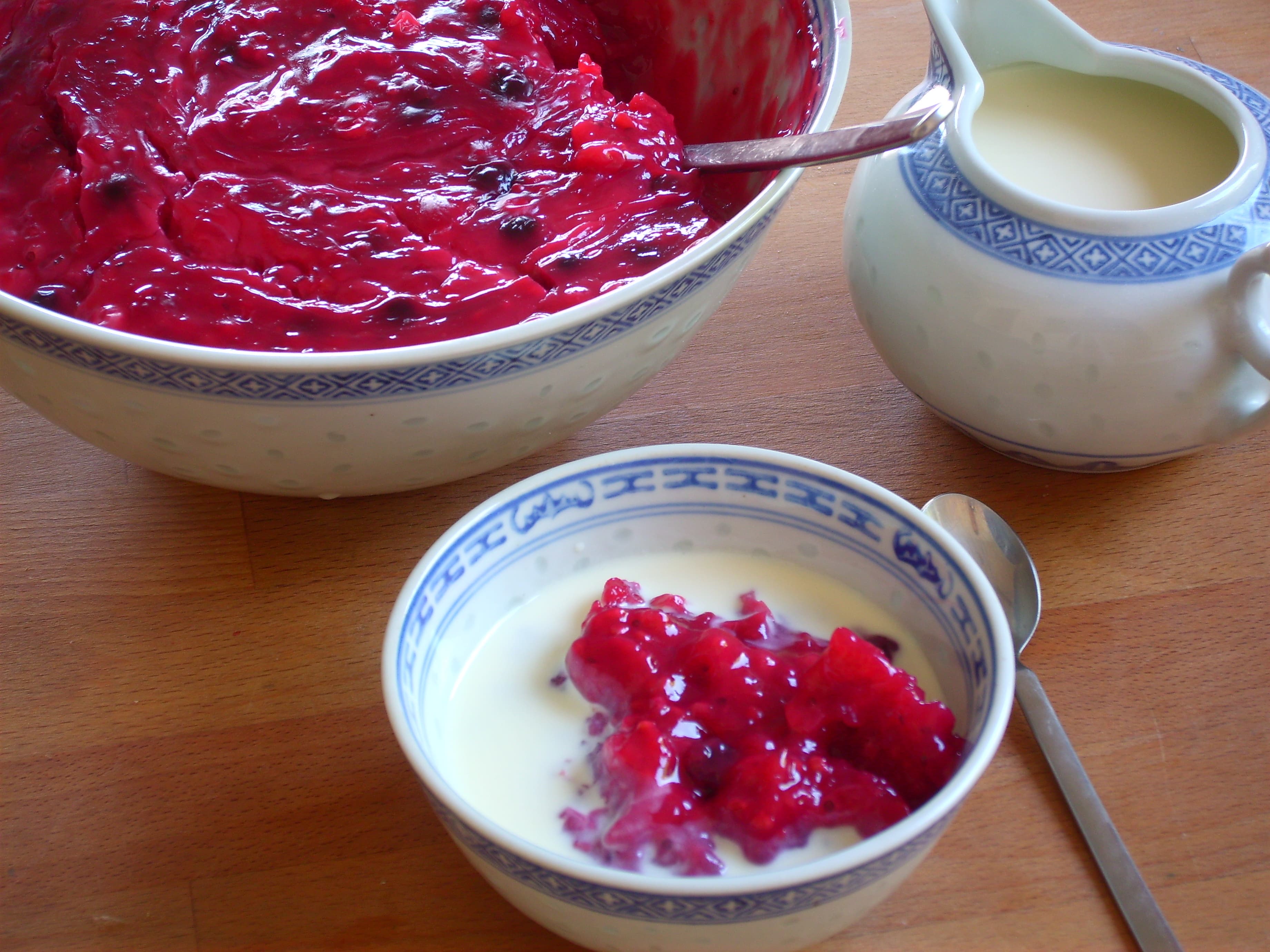 Rødgrød — a danish main course dish from Denmark — featuring berry-forward, stewed texture, creamy top
