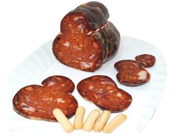 Morcón — a spanish main course dish from Spain — featuring aged chorizo, pork intestine casing, paprika-forward