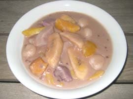 Binignit — a filipino dessert dish from Philippines — featuring coconut milk braise, glutinous rice base, root vegetable medley