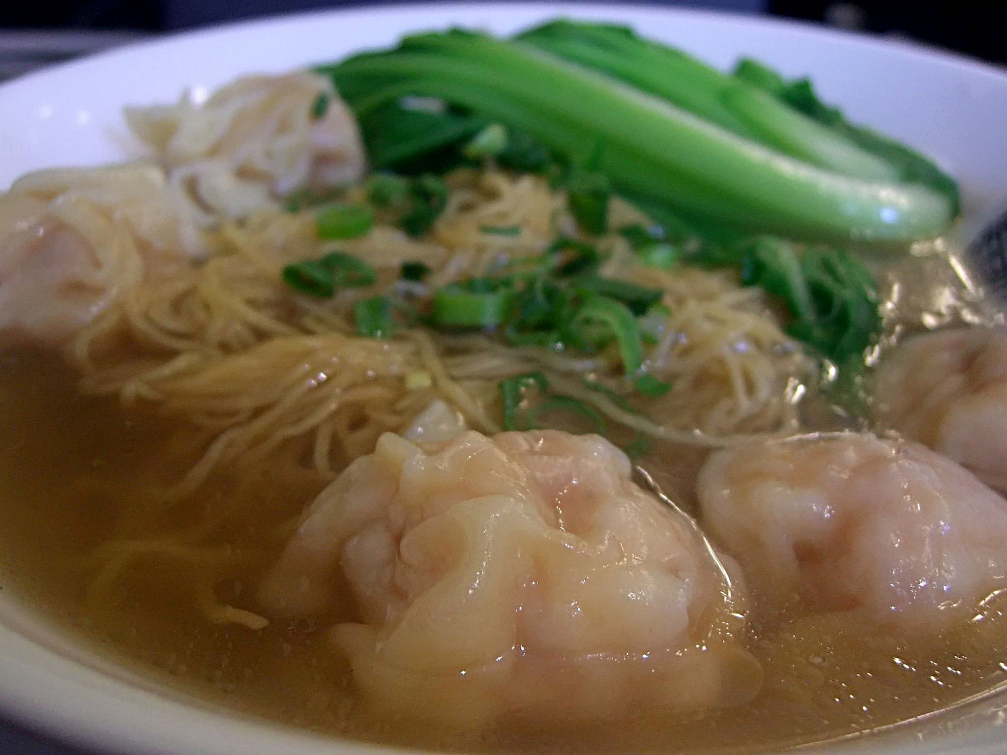 Wonton noodles — a people's republic of china cuisine main course dish from People's Republic of China — featuring hot broth noodles, wonton dumplings, Cantonese origin
