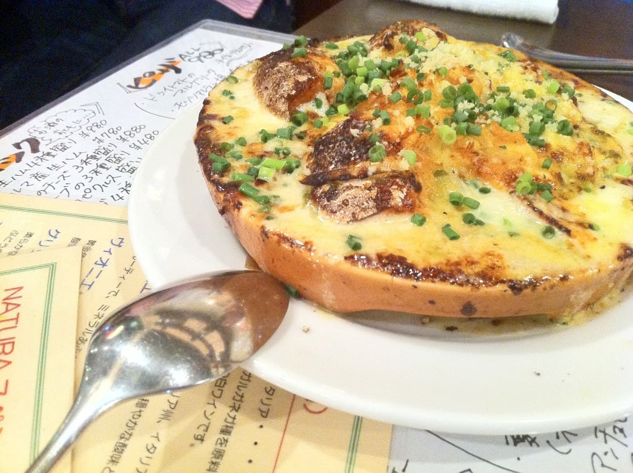 Gratin — a french main course dish from France — featuring overhead-broiled, shallow-dish, golden-crusted