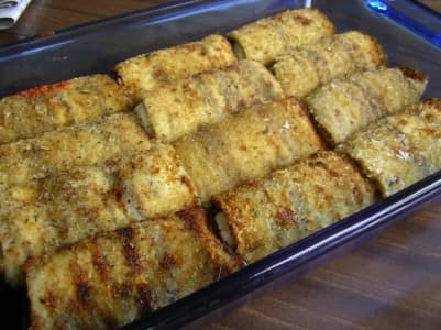 Rollatini — a italian main course dish from Italy — featuring rolled and baked, ricotta-filled, eggplant-forward