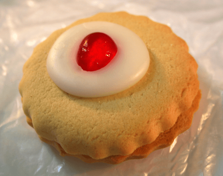 Empire biscuit — a british main course dish from United Kingdom — featuring buttery, jam-filled, double biscuit