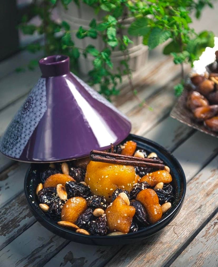 Tajine Lham-Lahlou — a moroccan dessert dish from Morocco — featuring fruit-forward, spiced syrup, preserved-butter base