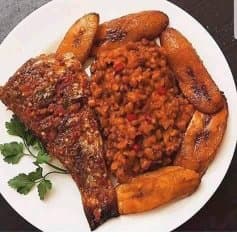 Red red — a ghanaian main course dish from Ghana — featuring palm oil-forward, plantain-studded, spiced with Scotch bonnet