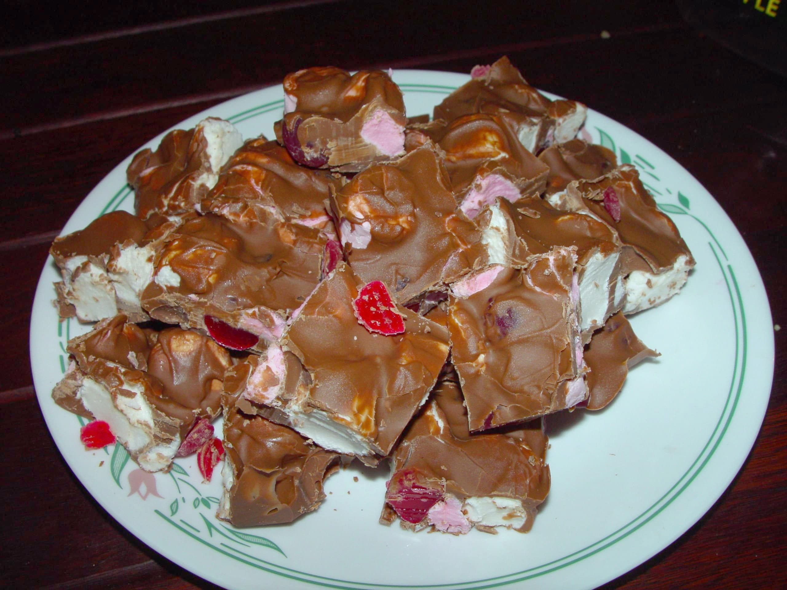 Rocky road (dessert) — a australian dessert dish from Australia — featuring chocolate-bound, textured mix-ins, set candy