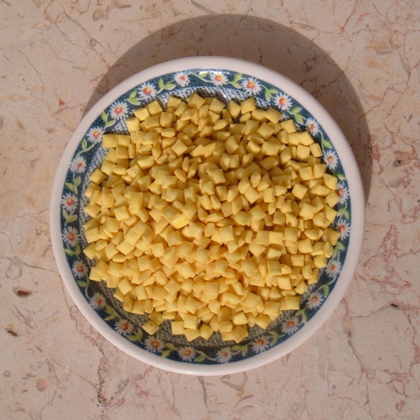 Shkedei marak — a israeli main course dish from Israel — featuring fried squares, parve crouton, soup accompany