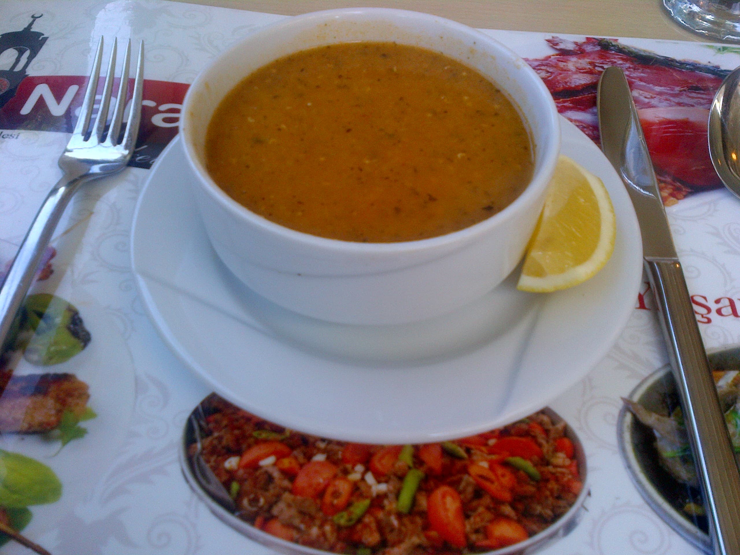 Ezogelin soup — a turkish main course dish from Turkey — featuring red lentil-based, bulgur-rich, tomato-forward